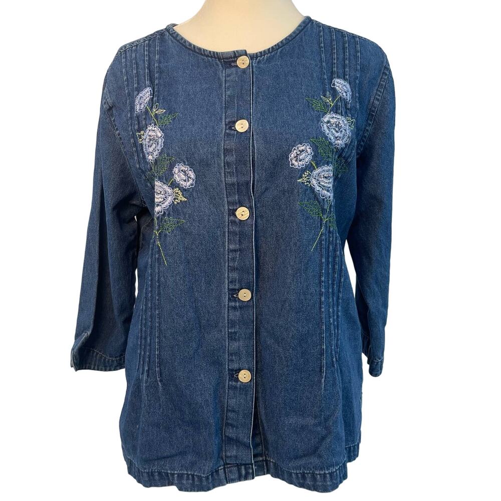 Erika Collection Button Front Jean Shirt 8 Blue/White/Green Embroidered Floral